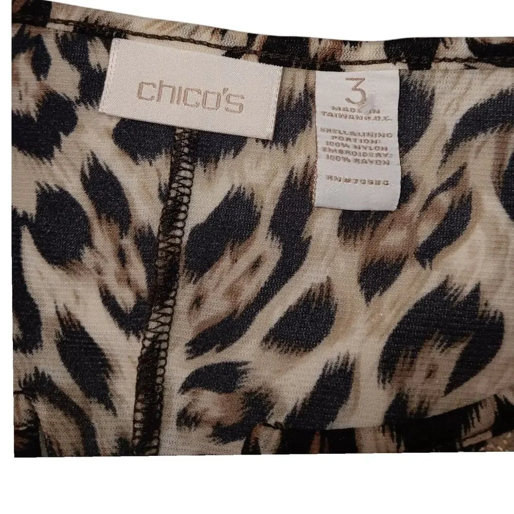 CHICO'S Blouse Top 3 XL Gold Embroidered Animal Print Cheetah Career‎ Office